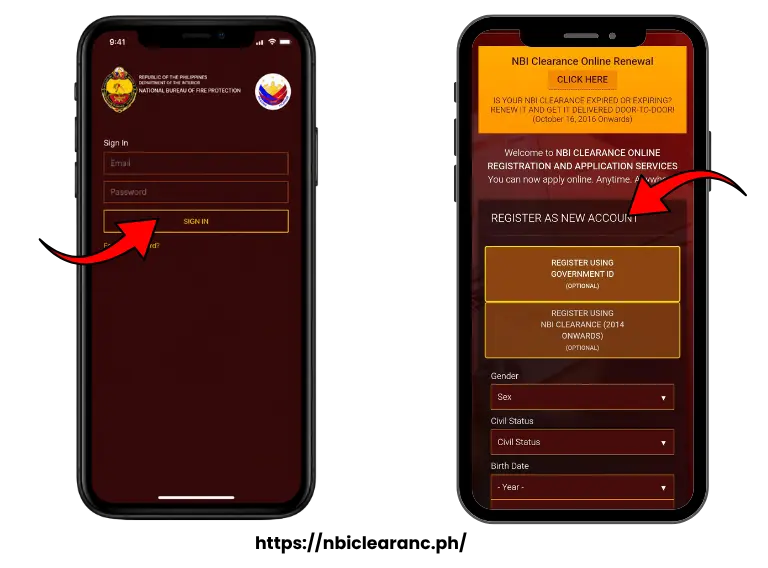 Log in or register NBI portal